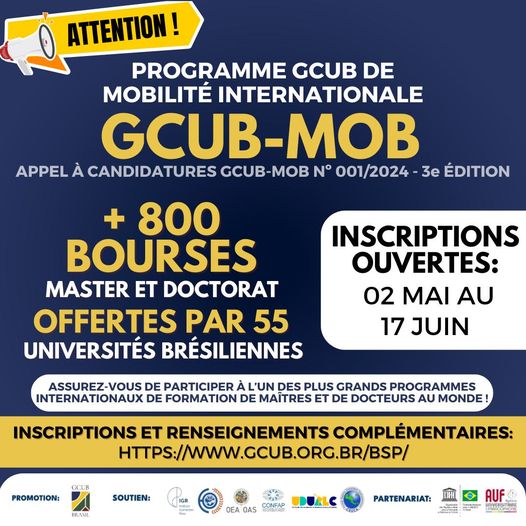 800 bourses de Maîtrise et de Doctorat offertes par 55 universités brésiliennes aux étudiants internationaux 6 Programme GCUB de Mobilité Internationale 800 bourses d'études au Brésil