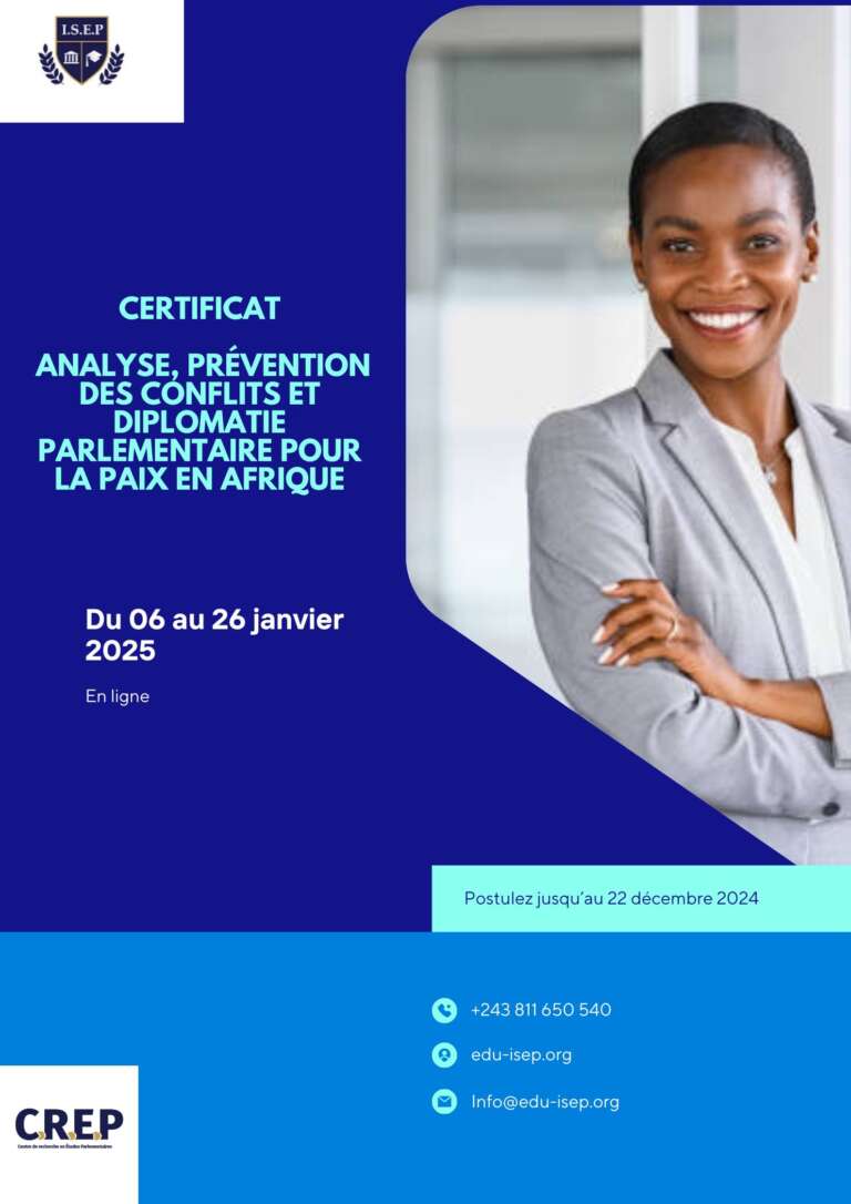 Certificat en Analyse, Prévention des conflits et Diplomatie parlementaire pour la paix en Afrique