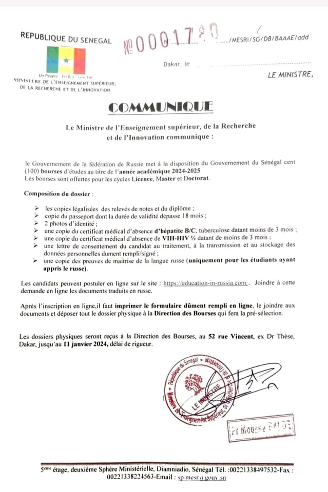  (100) bourses en Russie pour sénégalais